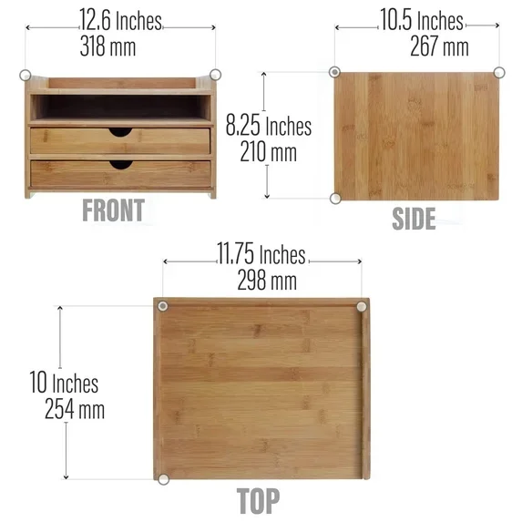 Bamboo Desktop Storage Shelf With 2 Drawers - Open Shelves Organizer For Home Office, Bedroom Small Items Storage