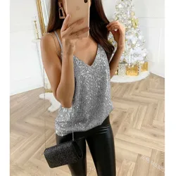 Solid Gold Sliver Sequin Top Women Summer Fashion Sleeveless Tank Camisole Bling Bling V Neck Slim Y2k Top Female Tunics Clothes