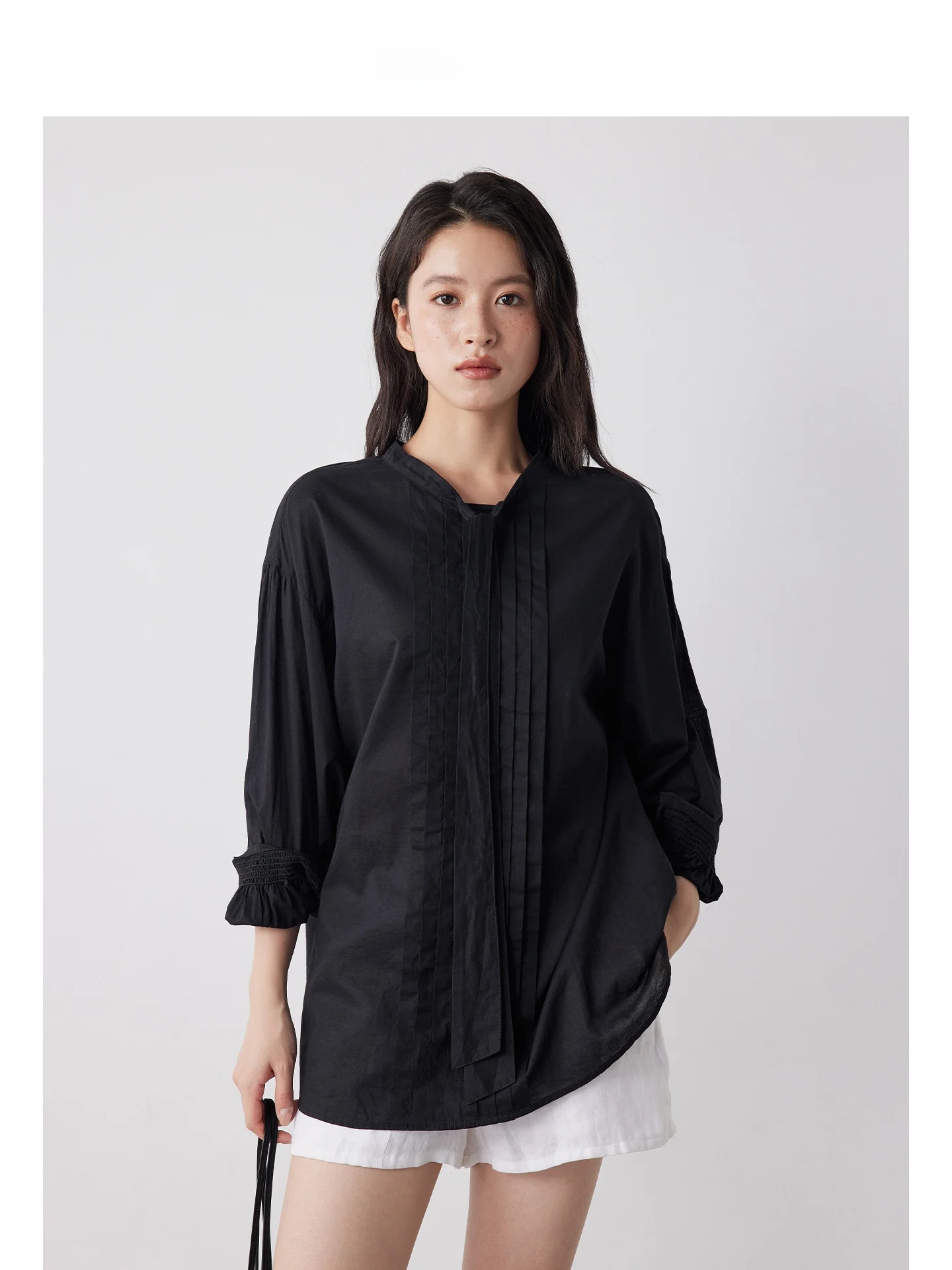 

Mincollection Bla irt Accordion Pleat Design Breathable Cotton Women's Casual Loose Fit Long Sve round Ne irt