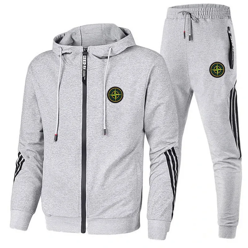 Men\'s Stone Outdoor Printed 2-piece Set Sportswear Zipper Hooded Sweatshirt+Pants Gym Running Men\'s Clothing New Sportswear