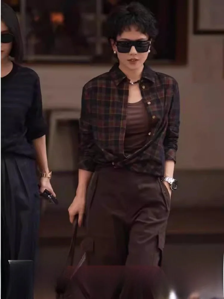 

Женская повседневная рубашка из чистого хлопка в клетку с длинным рукавом, осенний топ в винтажном стиле с узором, удобная посадка для деловых женщин