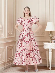 French retro square neck puff sleeve jacquard waist-cinching flared maxi dress wedding bridesmaid date banquet elegant gown