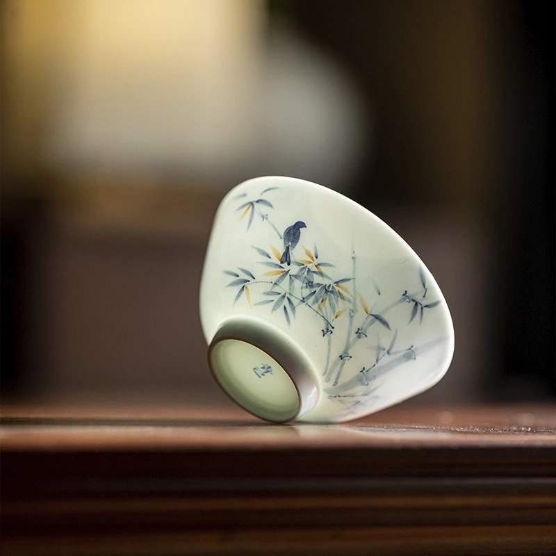 Tasse à thé en céramique d'oiseau peinte à la main, ensemble de tasses à thé chinois en bambou, bol pour cérémonie du thé, tasses à café à fleurs blanches