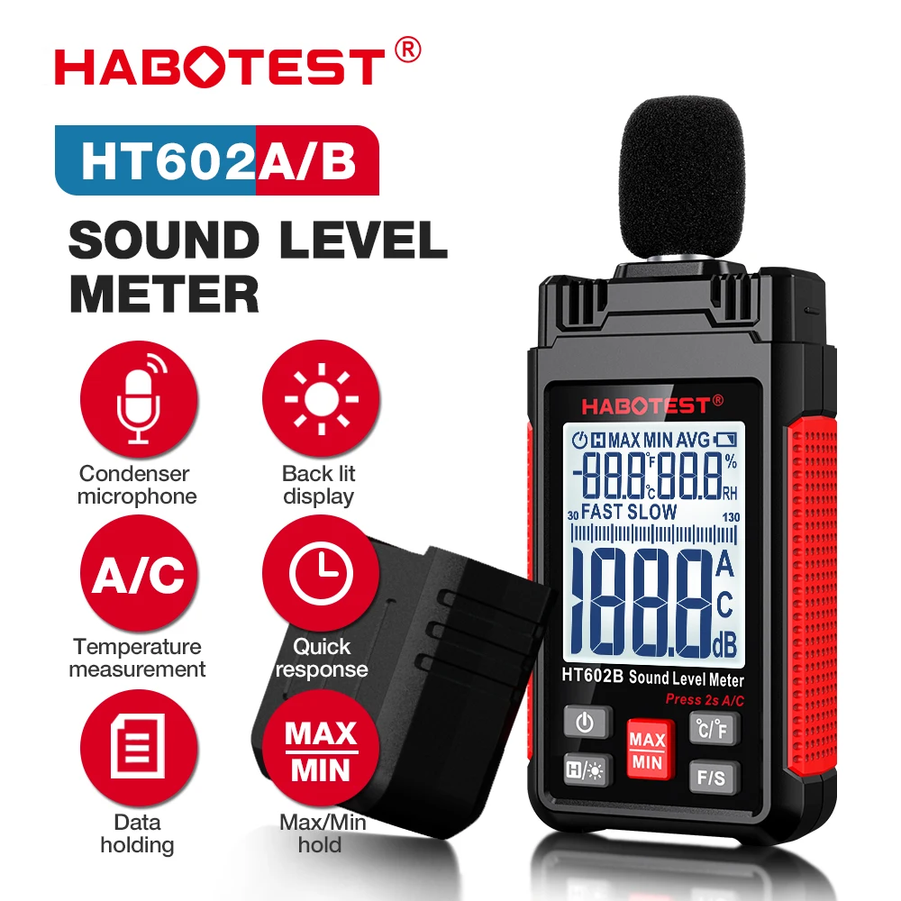 HABOTEST HT602 Sound Level Meter Digital Handheld DB Meter Sonometros Noise Audio Level Meter 30-130dB Decibels Mini Sound Meter