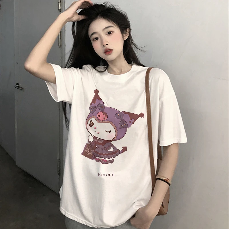 

Kuromi T-shirt Women Cotton Fashion T Shirts Kawaii Sanrio Melody Cinnamoroll Cartoon Harajuku Casual Clothes Streetwear Y2K Top