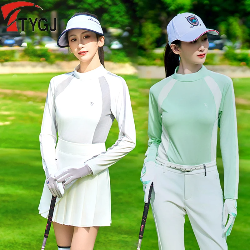 

TTYGJ Autumn Spring Golf Wear Women Long Sleeve Sunscreen Shirts Slim Versatile Quick Dry Golf Tops Patchwork Stand Collar Tees
