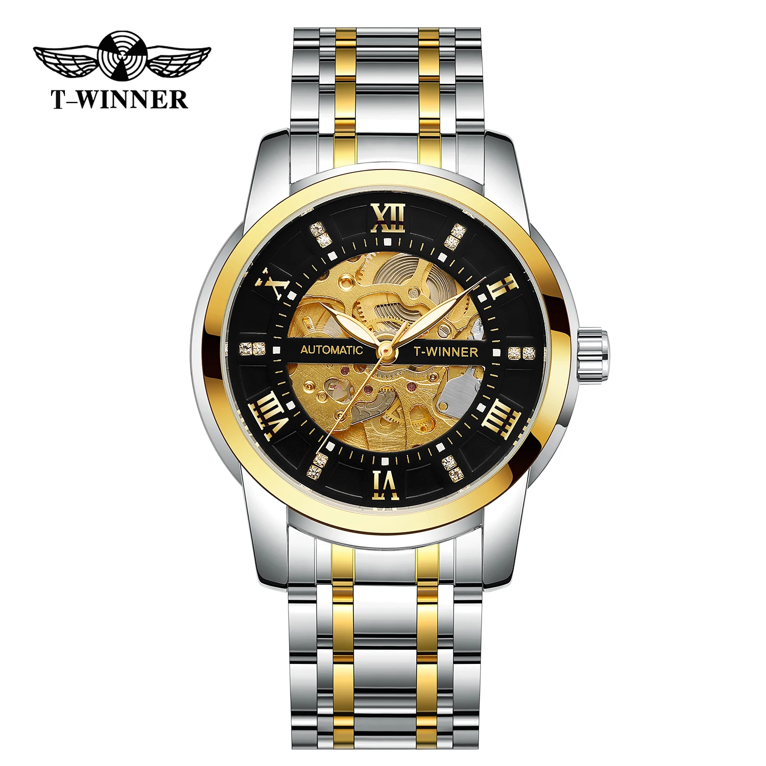 

T-WINNER модные спортивные мужские часы скелетон автоматические механические светящиеся указатели из нержавеющей стали со стразами деловые наручные часы