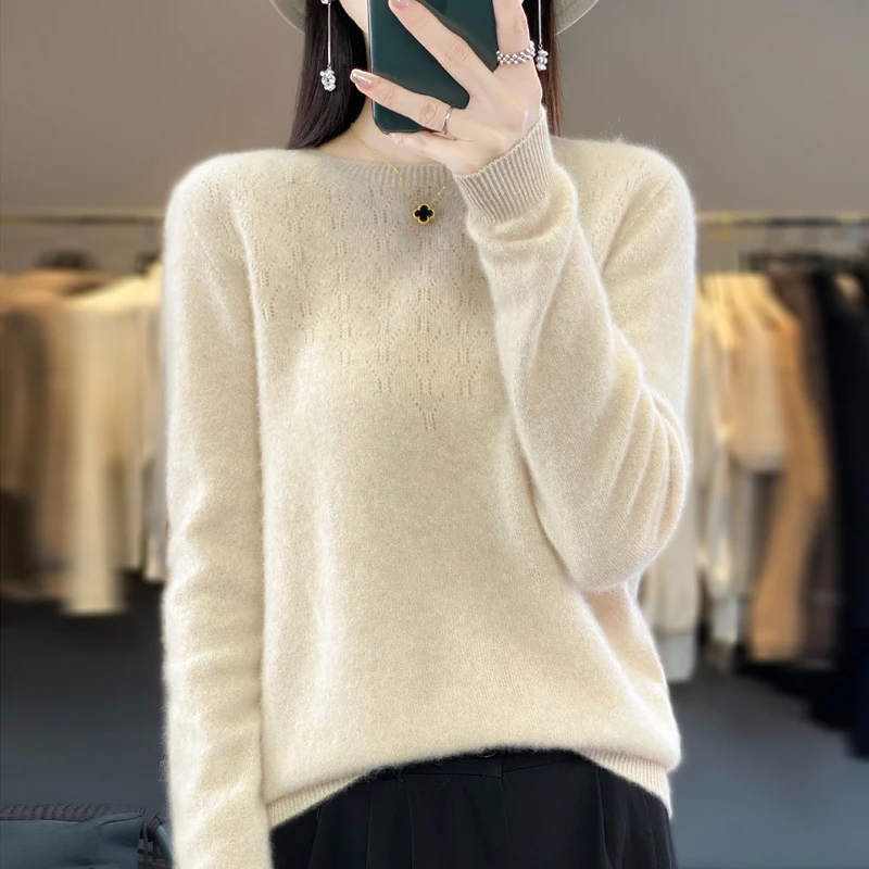 Pure Wool O-neck Sweater Women Knit Fashion Hollow Out Long Sleeve Tops New Casual Solid Female Pullover Autumn Winter Jumper