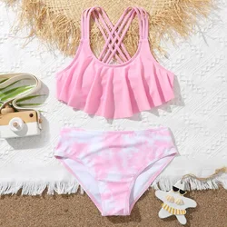 Maillot de bain deux pièces à volants pour fille, bikini, taille haute, pour enfants de 7 à 12 ans, tenue de plage, rose