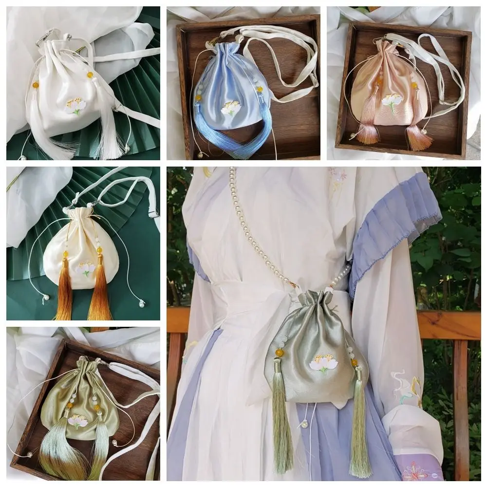 Tassel Hanfu Silk Drawstring Bag Chinese Style Shoulder Bag Embroidery Flower Handbag Purse Ethnic Style Floral Bucket Bag