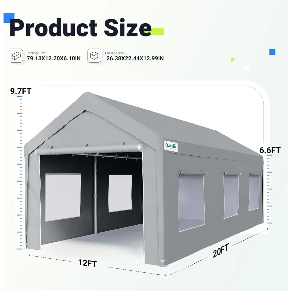 ロールアップ換気窓付きカーポート、防雪カーポート、4本の強化スチールケーブル、カーポート、12x20ft