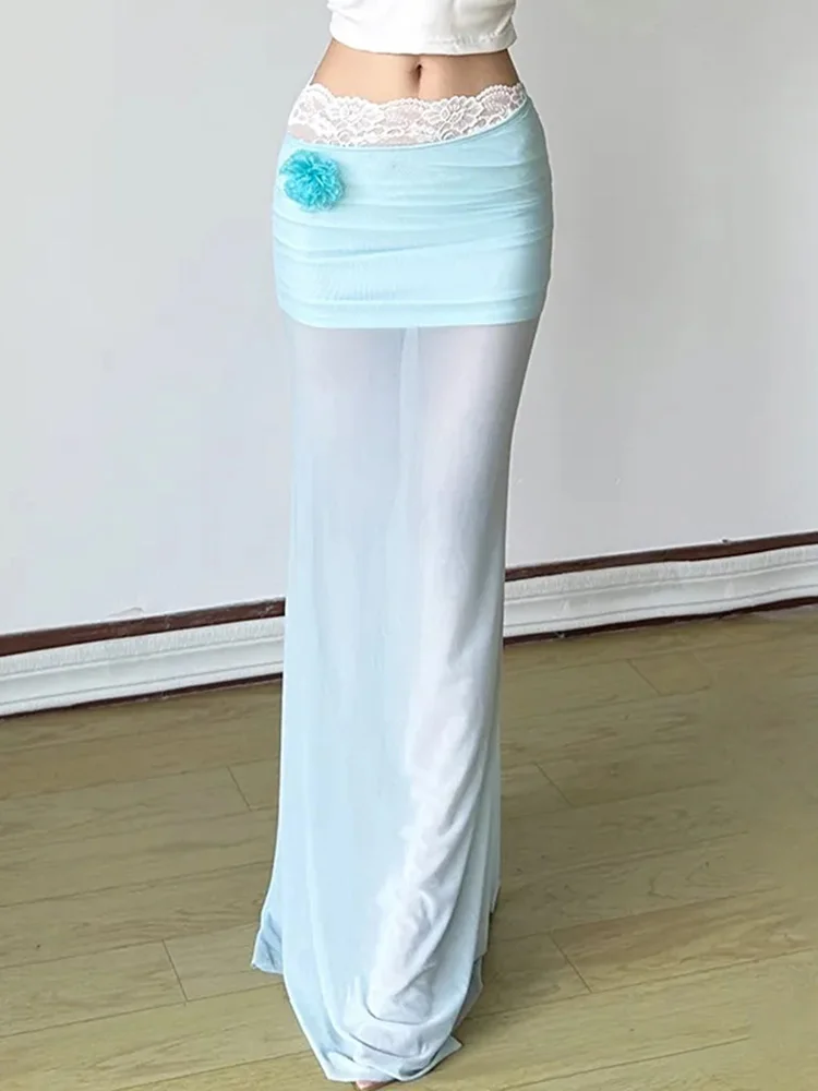 Sexy Mesh Long Skirt Women 3D Floral See Through Ocean Holiday Skirts Summer Vintage Female Low Waist Slim Mermaid Long Skirt