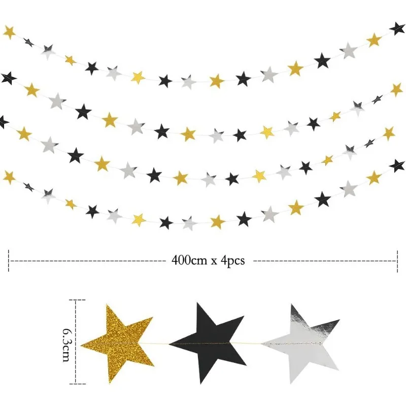 Glitter Gold Black Star Garland Kit for Party Decoration Silver Hanging Twinkle Star String Banner Background for Dance Recital