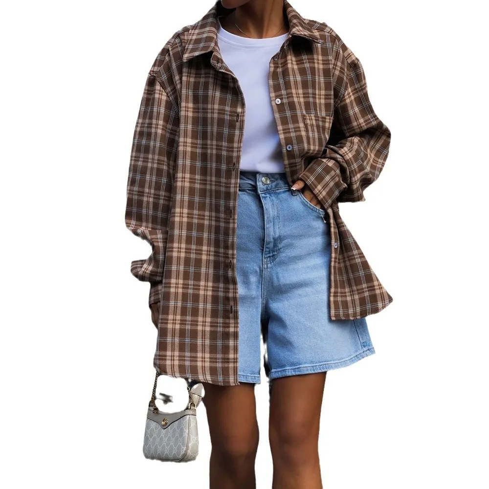 Camisas a cuadros grises de otoño para mujer, camisa de manga larga con bolsillo Retro, abrigo, camisetas y blusas para mujer, camisas y blusas 한kta.05.Chemise