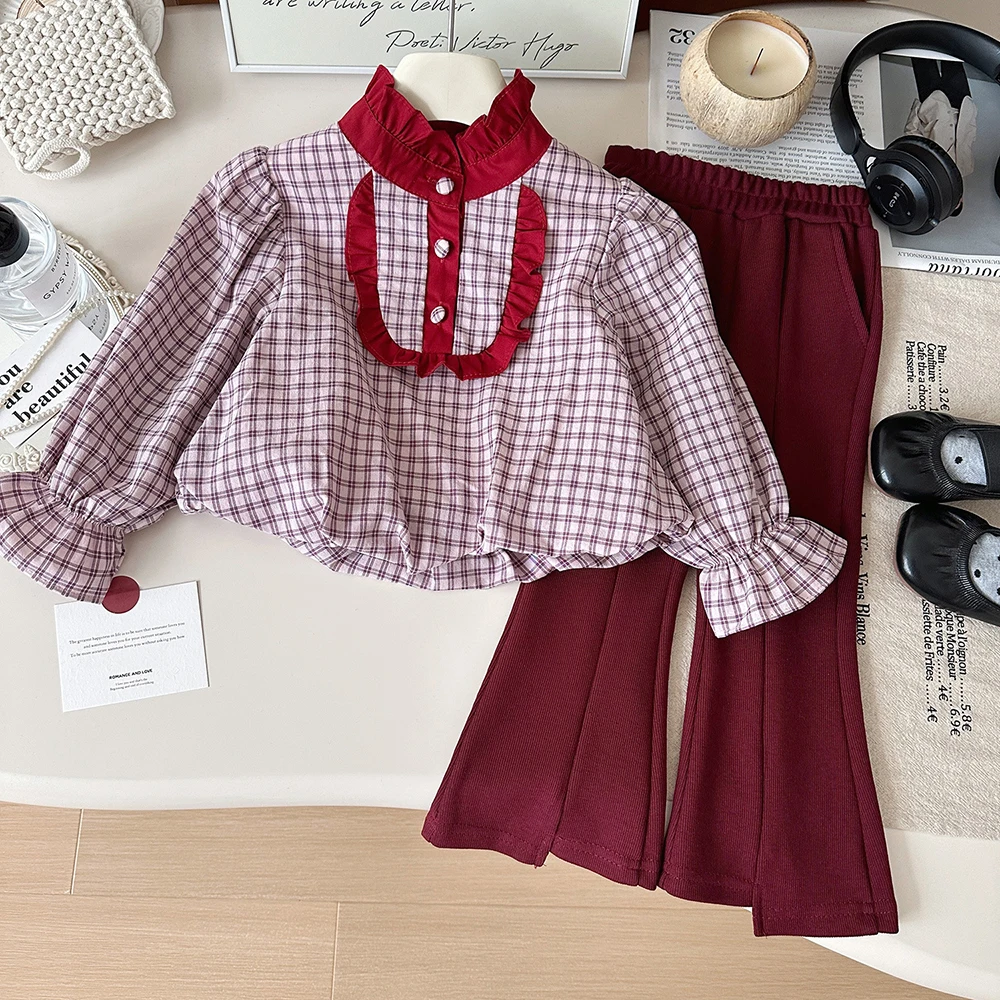 Spring Kids Girls Clothes Sets Long Sleeve Red Plaid Bow Shirts+Flare Pants 2Pcs Children Ruffles Collar Shirt Outfit Suit 2-8T