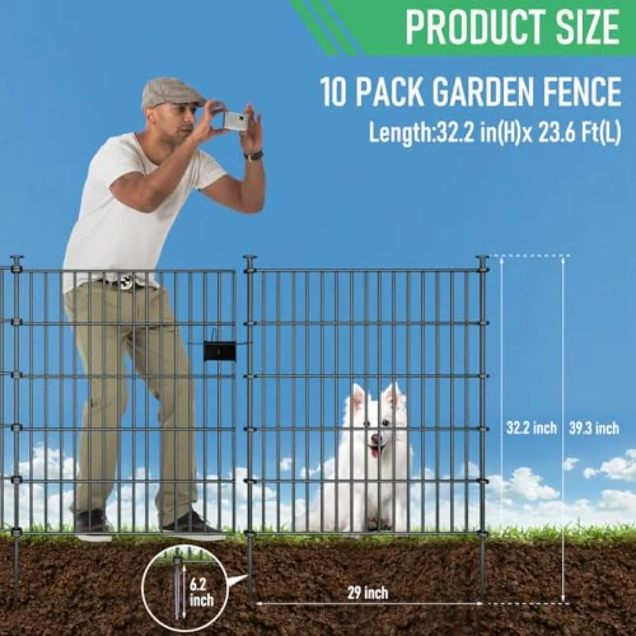 10 Panels Garden Fence Dog Fence Outdoor for Yard32in H x 23.6ft L Rustproof Metal Fencing with Ground Stakes No Dig Temporary