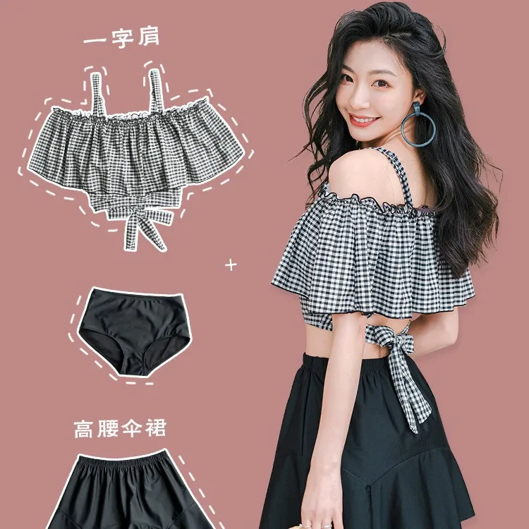 

Split Swimsuit Three-piece Girl Summer Lotus Leaf Edge Cover Chest and Thin Retro Plaid Hot Spring Swimsuit Bikini Set