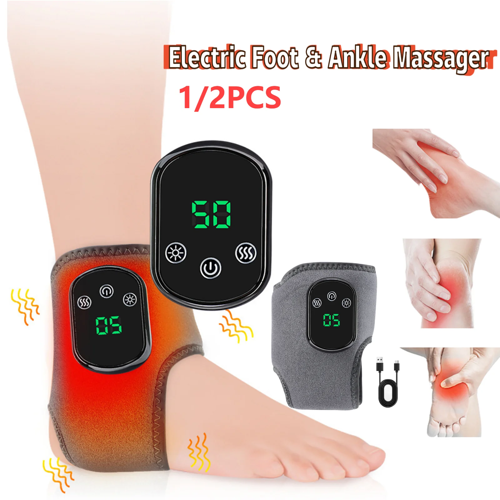 1-2PCS Electric Foot Heating Massager Muscle Relaxation Joint Wrap Brace Protector With 3 Modes Vibration & 5 Gears Hot Compress