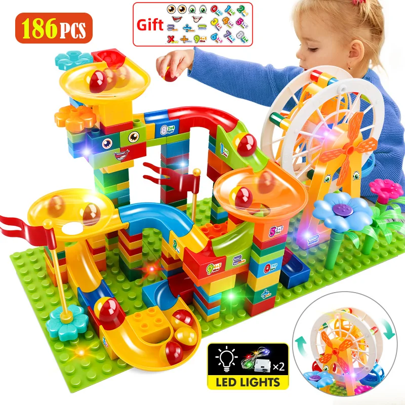 36-186PCS Duży rozmiar Marble Race Run Particle Scenes LED Light Slide Funnel Ferris Wheel Building Blocks City Brick Toy For Kids
