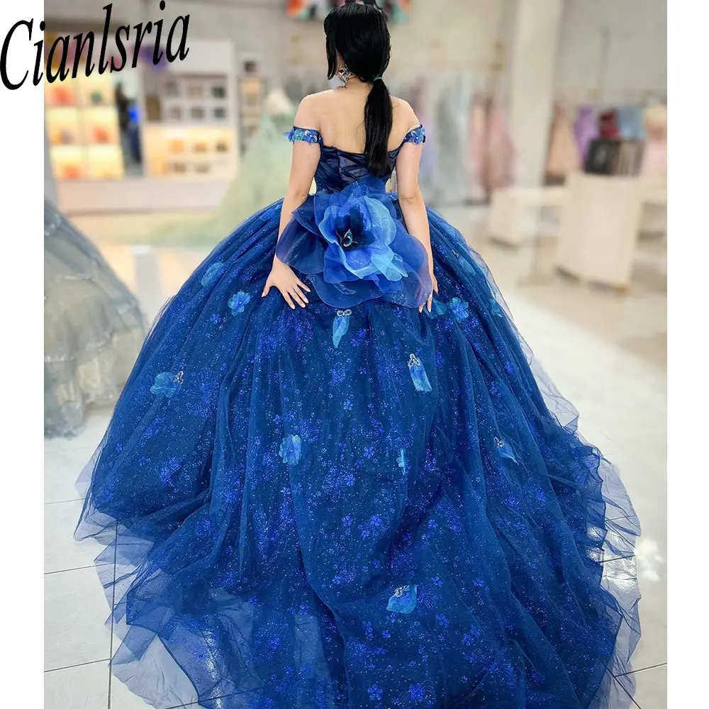 Vestido De quinceañera azul oscuro con lentejuelas y purpurina, vestido De baile De cristal, hombros descubiertos, corsé con flores 3D, 15 Años