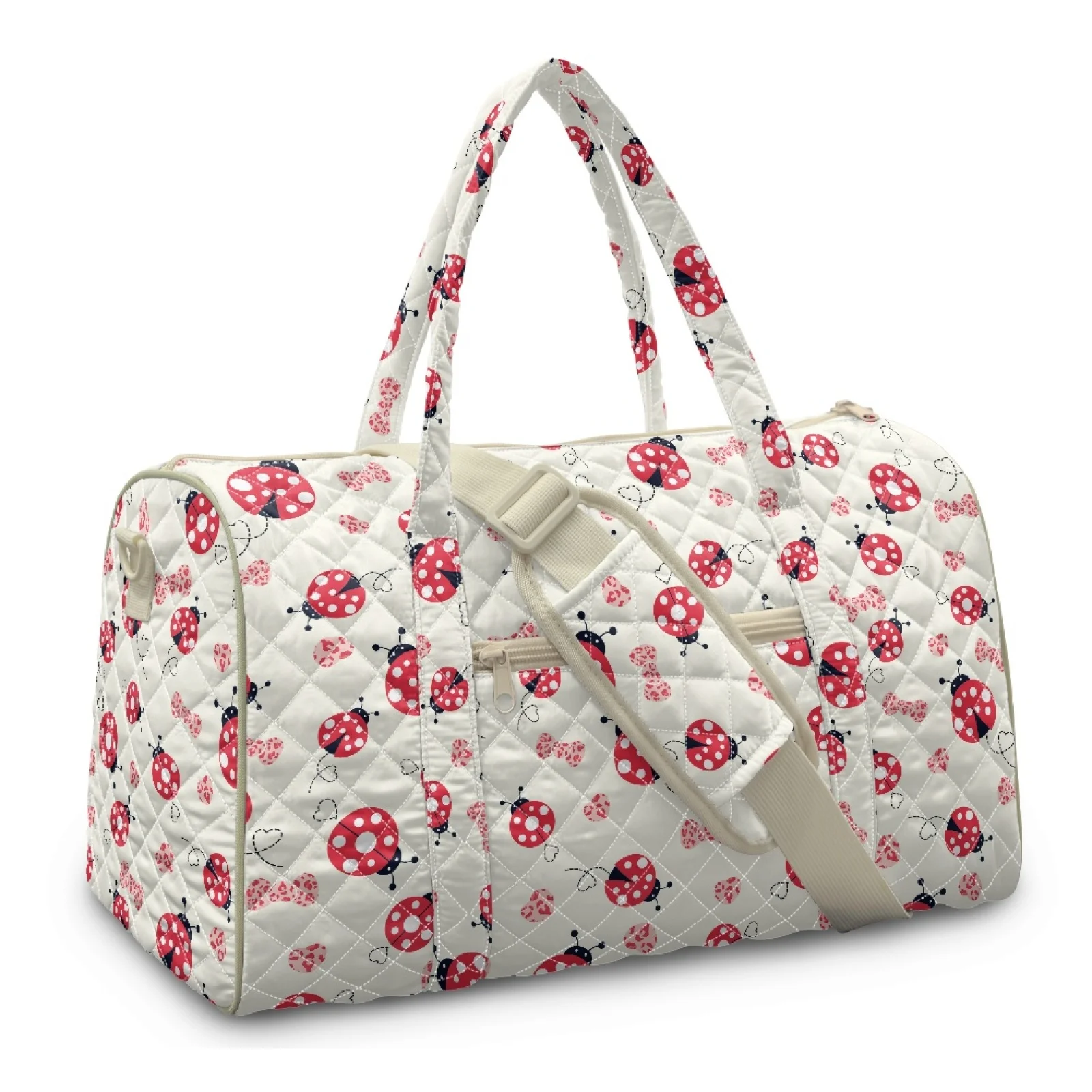 Coloranimal Red Ladybug Print Quilted Duffle Bag Polyester Adjustable Strap Personal Item Bag for Yoga New Trend