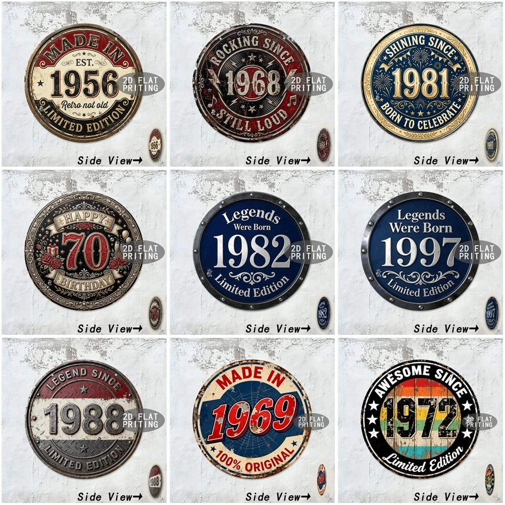 Vintage Round Made In Rocking Shining Birthday Birth Year Metal Tin Sign Retro Wall Plaque Decor For Bar Garage Man Cave Home