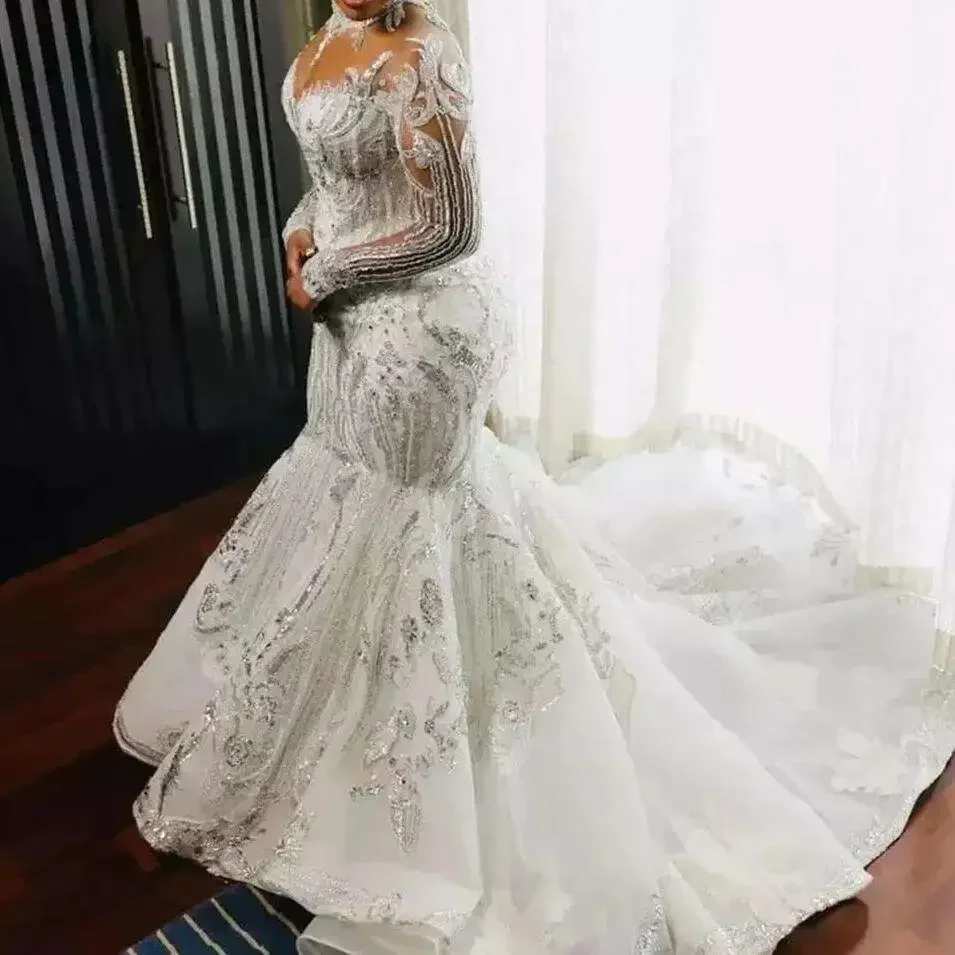 

Customized High Neck Shinny Beads Sequins Wedding Dresses Vestido De Noiva Illusion Full Sleeves African Vintage Bridal Gown
