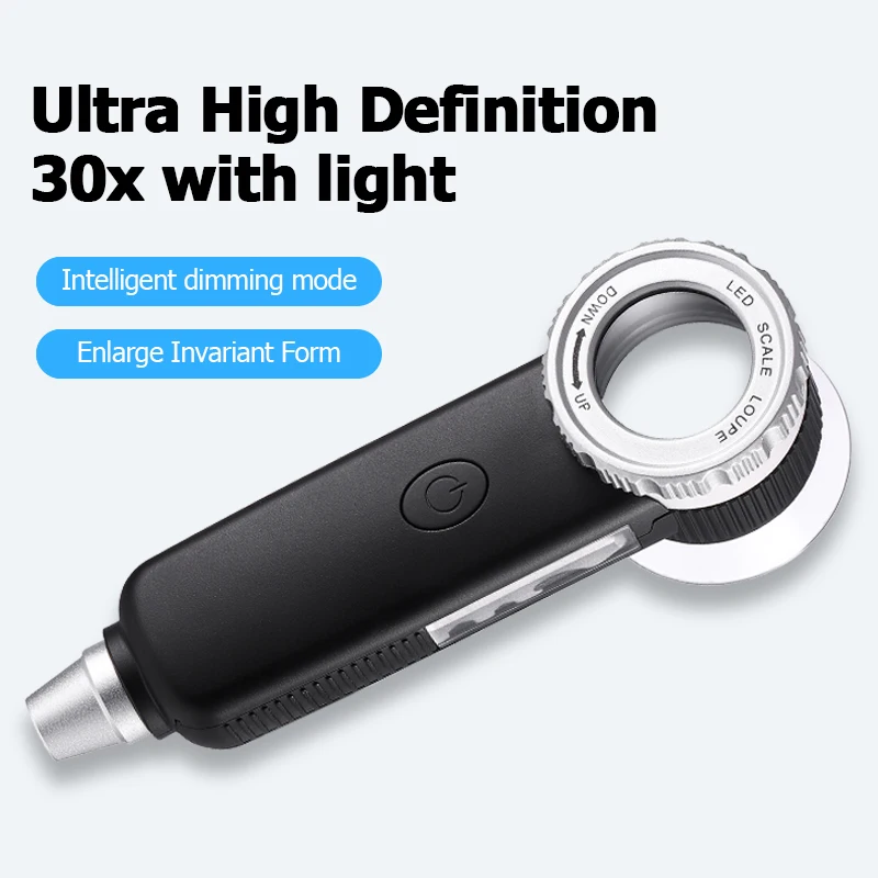 30X Handheld Magnifier 3-Colors Lights USB Charging Handheld Magnifying Glass 2-Layers Optical Lens For Reading Jewelry Repair