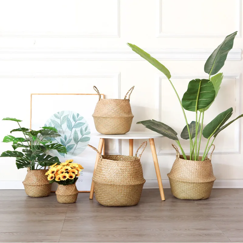 Seaweed Natural Storage Baskets Nordic Style Flower Pot Plant Basket Straw Weaving Grow Bag Hanging Flowerpot Storage Home Decor