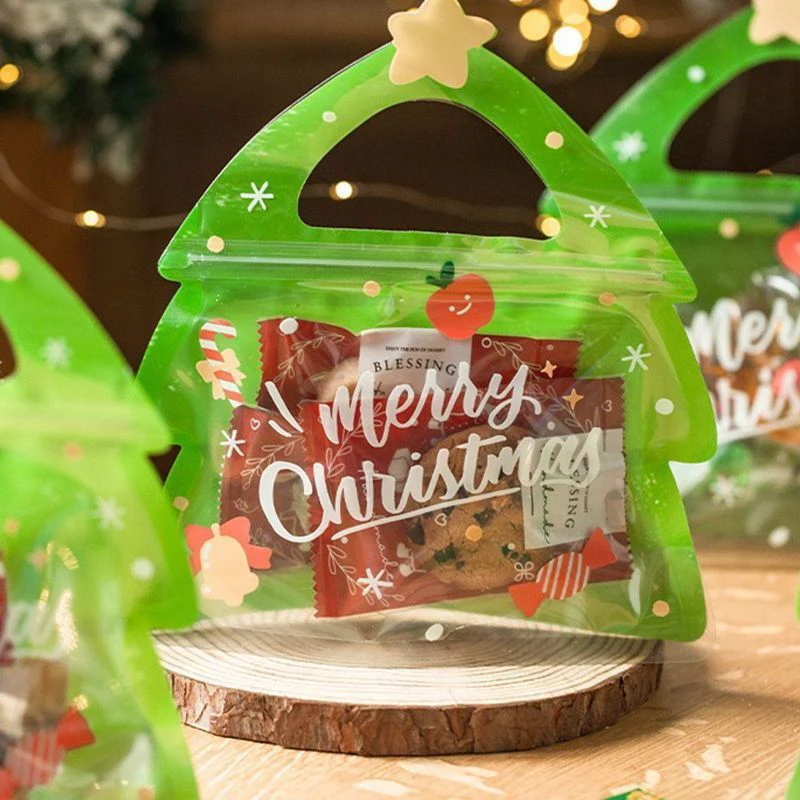 5Pcs Christmas Tree Handle Gift Bag For Candy Chocolate Cookie Nougat Biscuit Packing Gift Zipper Packaging Bags