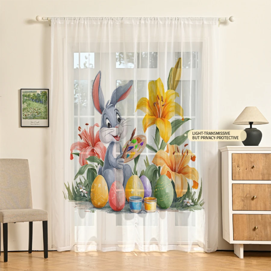 2PCS Digital Print Sheer Curtains, Gray Rabbit Artist Painter, Whimsical Creative Cute for Bedroom Living Room Home Decor