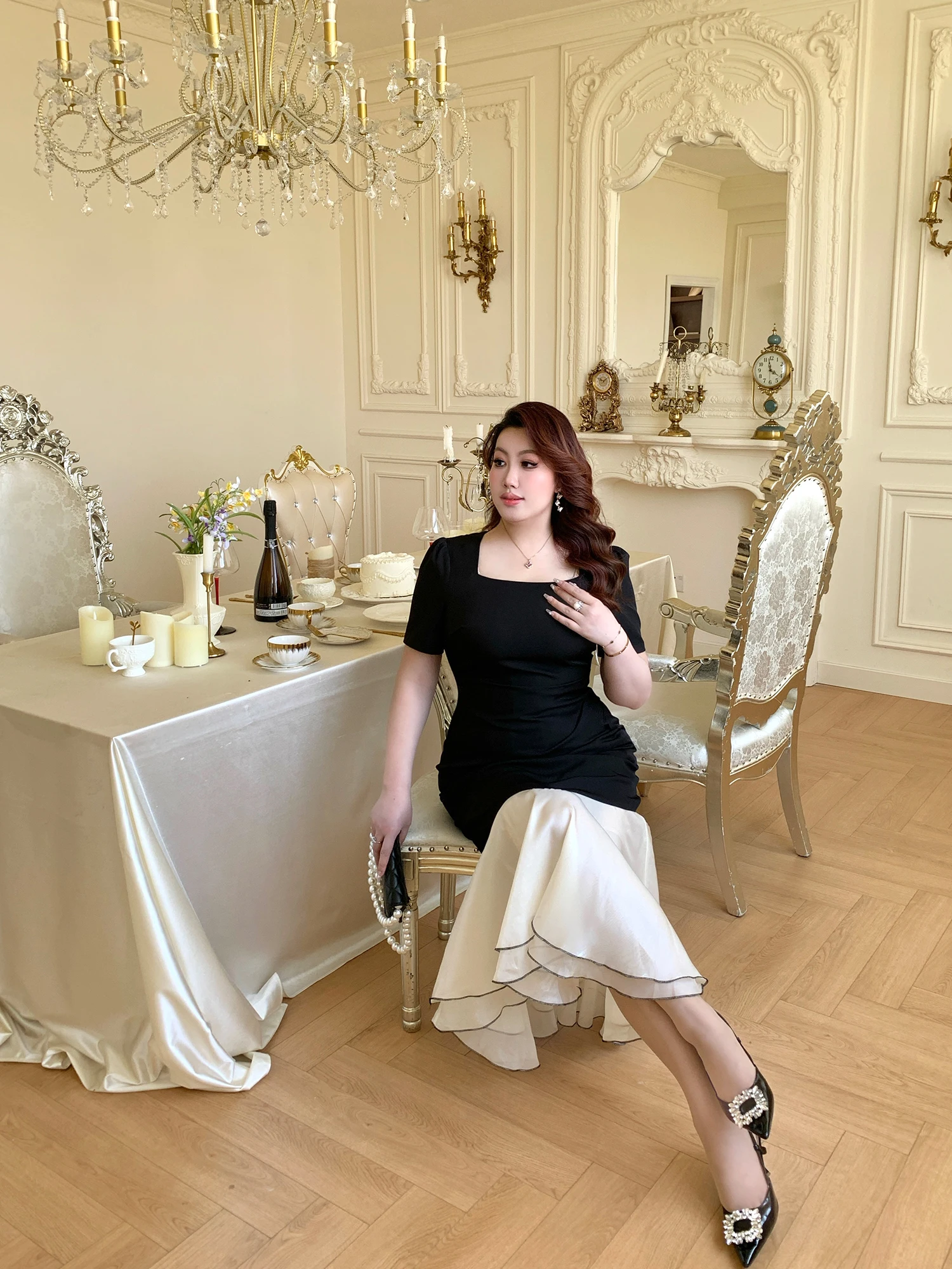 

GLEC plus Size Women's Summer Fashion Dress 2026 Asymmetrical High Waist Fish Tail Gown with Lace Splicing Elegant Short Slee...