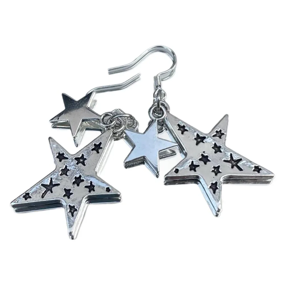 Vintage Antique Silver Plated Star Hoop Earrings for Women Y2K Punk Fashion Celestial Dangle Earrings Gift for Her