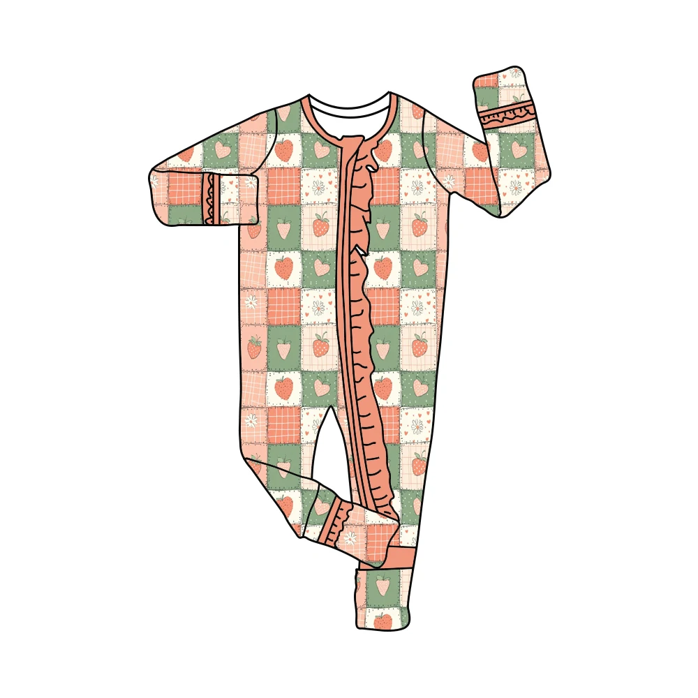 Valentine's Day New Strawberry Heart and Cherry Print Long-Sleeved Pants with Large Bow and Ruffles for Girls Pajama Set and Rom