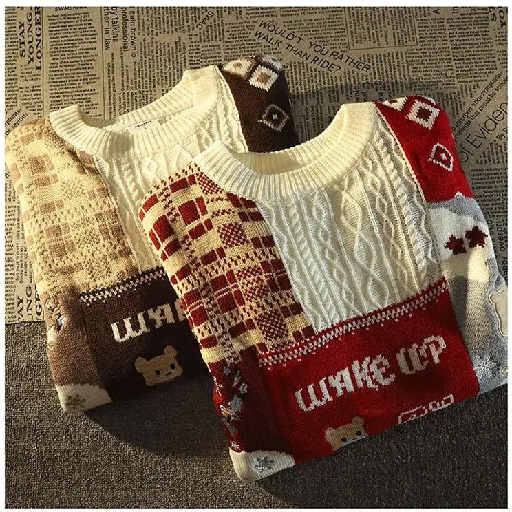 

Новые зимние теплые свитера для мужчин, рождественский свитер в стиле Харадзюку, свободный трикотаж с длинными рукавами для мужчин и женщин, повседневный вязаный свитер с круглым вырезом