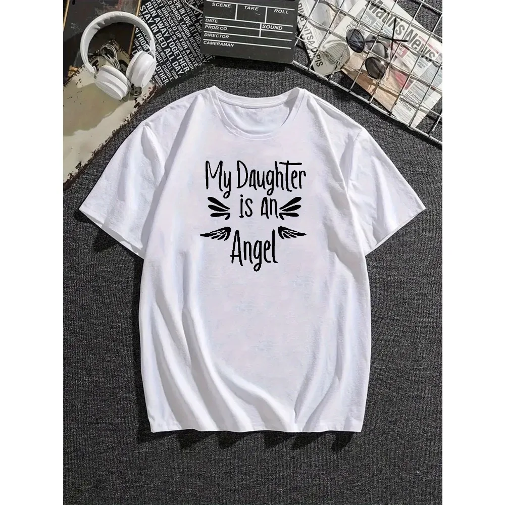 

My Daughter Is An Angel" Men's T-Shirt - Casual Short Sleeve, Breathable Polyester, Geometric Print, Round Neck - Machine