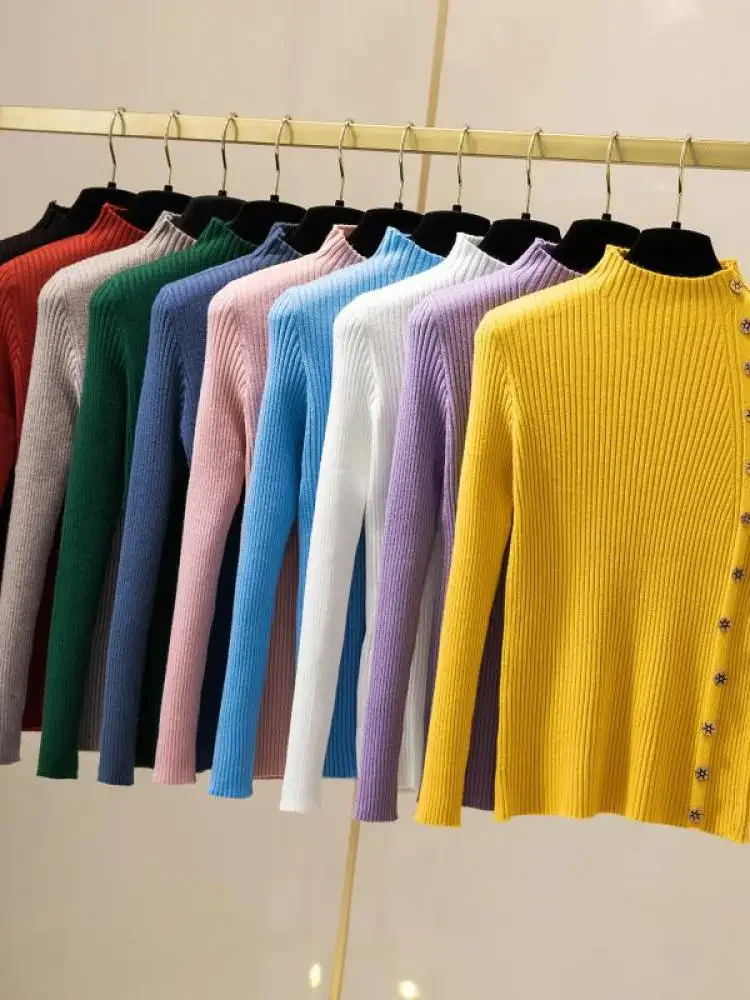 2024 Women Sweater Pullovers Khaki Casual Autumn Winter Button Turtlneck Chic Sweater Female Slim Knit Top Soft Jumper Tops