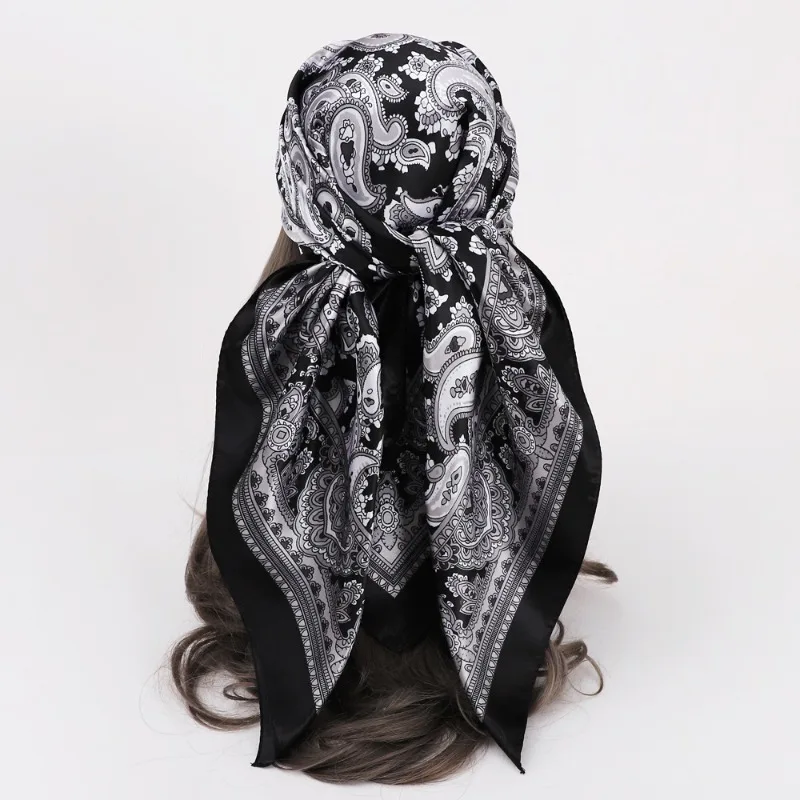 

90cm Black Cashew Printed Scarf New Spring and Summer Imitation Silk Scarf Trendy and Versatile Headscarf Shawl Scarfs