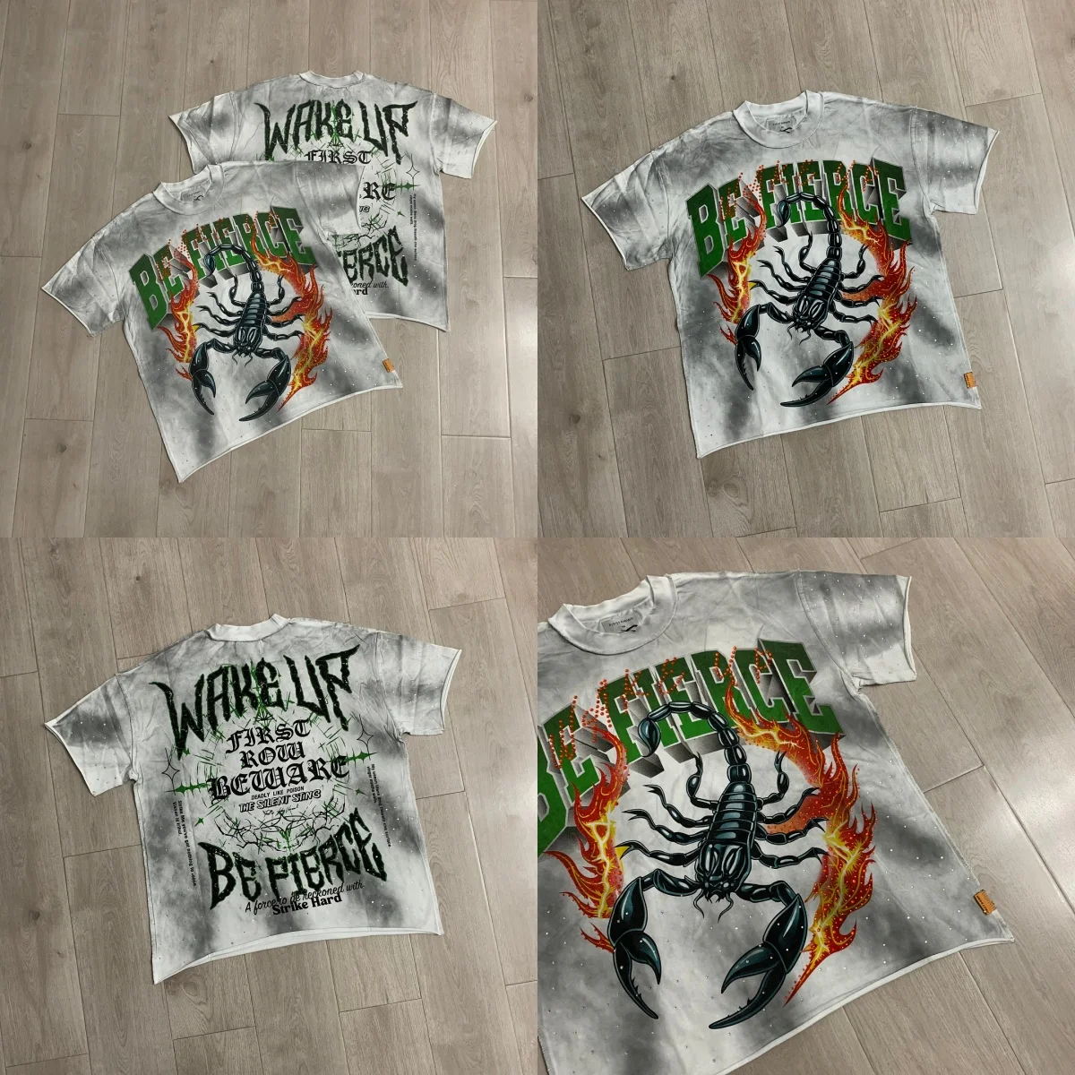 Oversized Fashion Rhinestone Tee Men FIRST ROW Fire Scorpion Print T-shirt Retro Streetwear Loose Crew Neck Casual Shirts Unisex