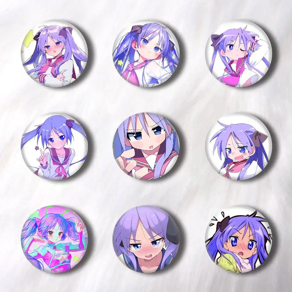 Anime Kagami Hiiragi Pins Badges Round Laser Badge Brooch Clothes Backpack Accessories