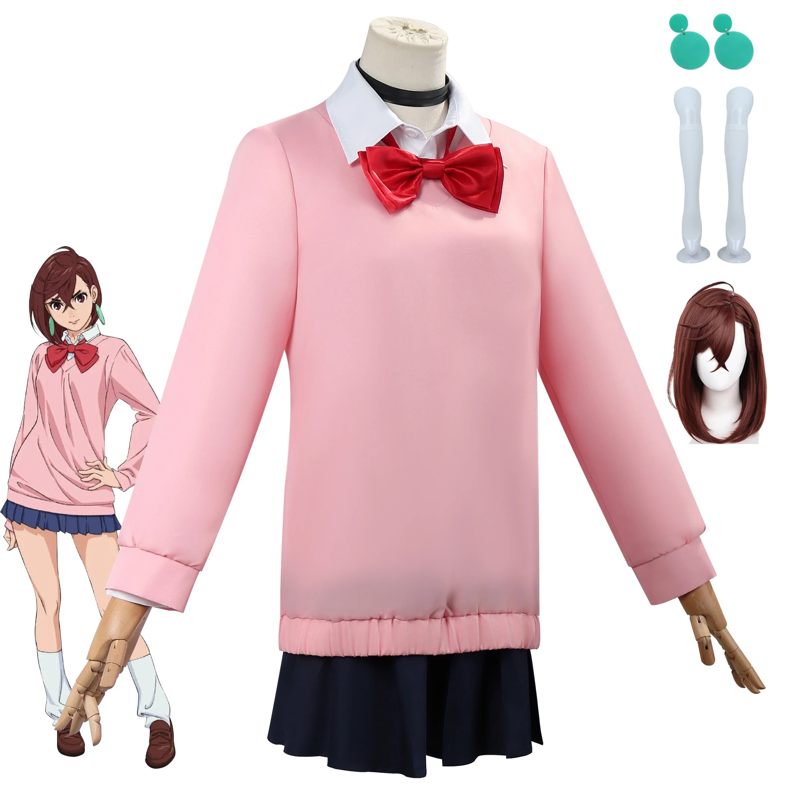 Momo Ayase Cosplay Costume Wig Anime Dandadan Sweater Skirt School Uniform Earrings Choker Socks Christmas Party for Girls Women