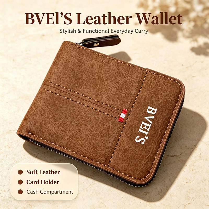 Daily Use Foldable PU Leather Men's Wallet Short Style Zipper Coin Purse Retro Casual Two-tone Color Wear Resistant