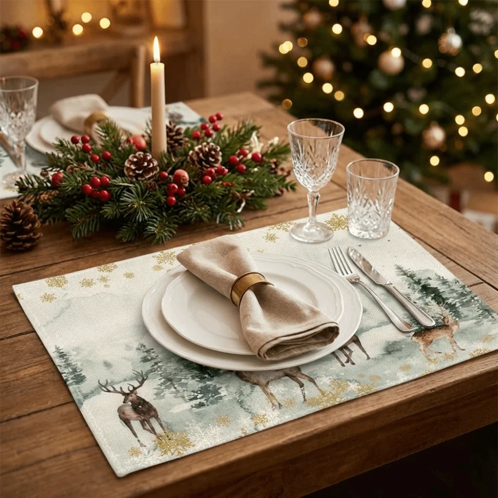4PCS Linen-like Christmas Tree Placemats Stain-resistant Anti-slip Christmas Tableware Mat Rectangular Wear-resistant