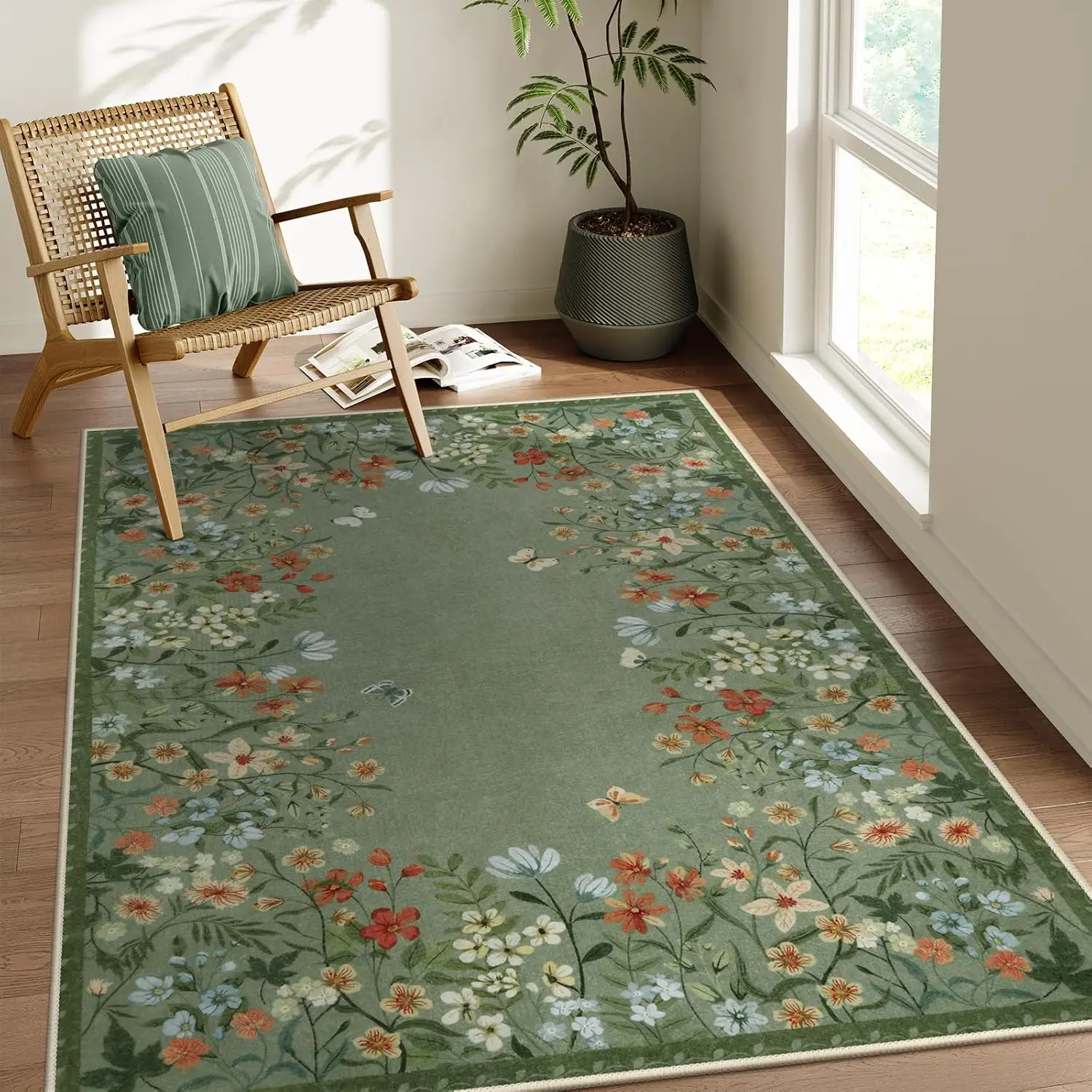 

Green Floral Rugs for Living Room, Non-Slip Large Kitchen Throw Mat, Low-Pile Indoor Botanical Floor Carpet for Girls Bedroom