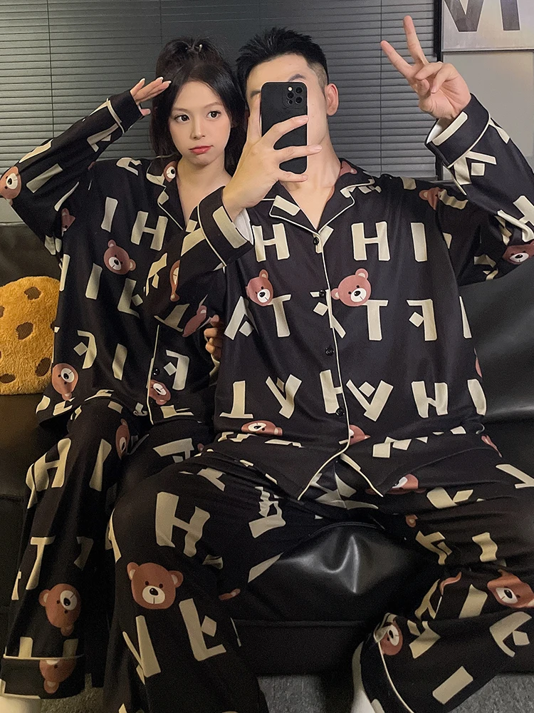 طقم ملابس نوم من DAIMELU بيجامات للزوجين للسيدات للربيع والخريف كارتونية لطيفة على شكل دب بأكمام طويلة ملابس نوم للرجال بدلة تنحيف #3