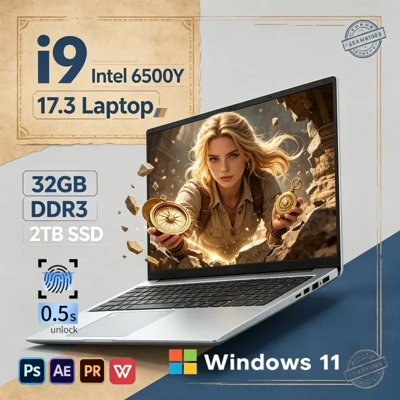 2026 Fast Boot 17.3 Inch Large Screen Laptop Intel 6500Y 16GB/32GB 2TB Win11 Ultra Thin Workstation Notebook