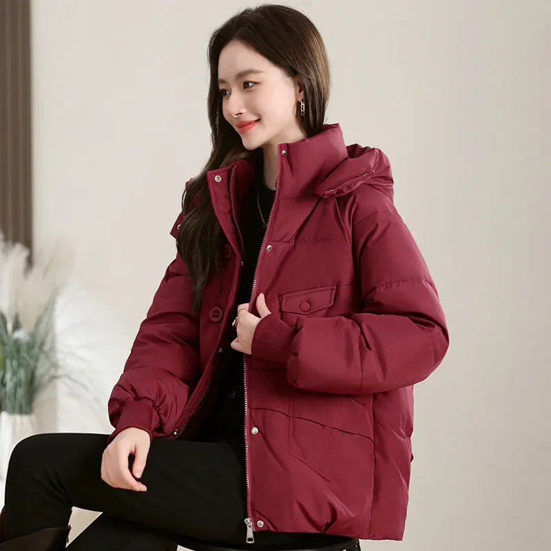 Winter Short Down Cotton-Padded Jacket Women 2024 New Fashion Stand-Up Collar Hooded Outerwear Pure Colour Loose Coat Female