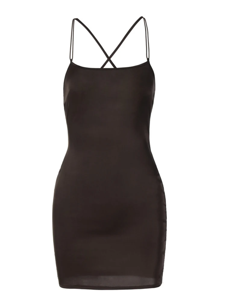 Seksowna satyna sukienka brązowy pasek Spaghetti bez ramiączek suknie z odkrytymi plecami kobiet w stylu Vintage impreza prosta, na co dzień Mini sukienka kobiety 2022 lato