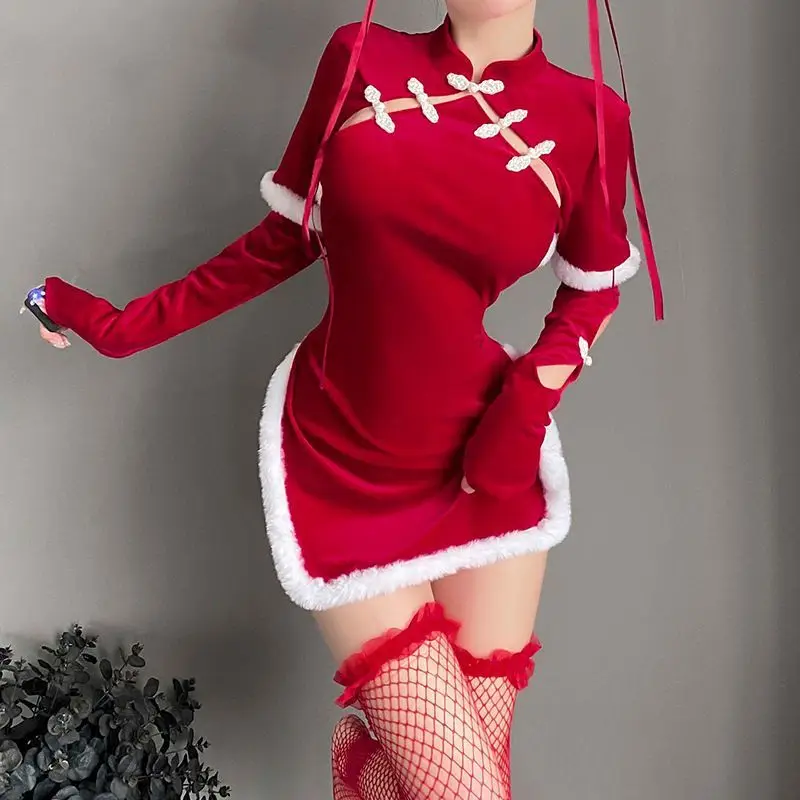 2024 New Sexy Lingerie Christmas Uniform Collocation V-neck See Through Netting Slip Nightdress Bow Trim Pile Decoration