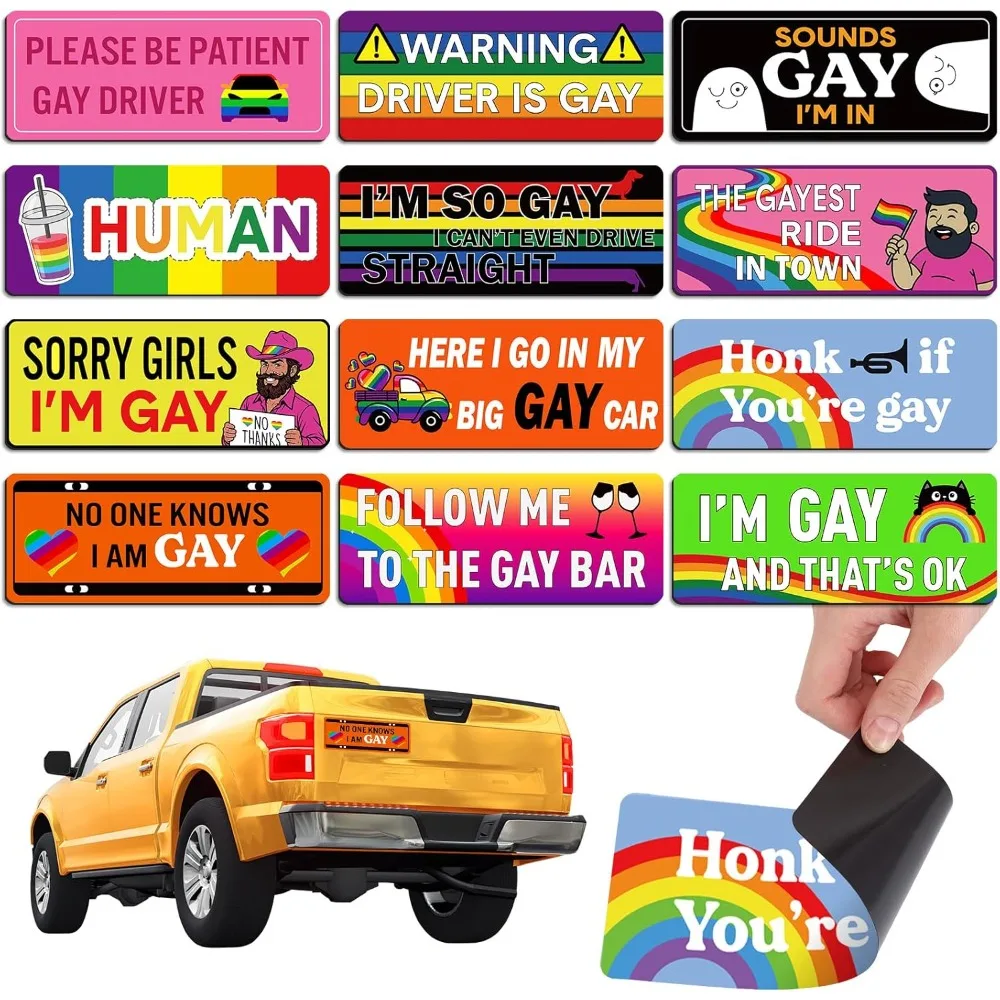 12Pcs Rainbow Pride Car Magnets, Reusable Funny Prank LGBT Magnetic Bumper Decals for Cars, Trucks & Refrigerators